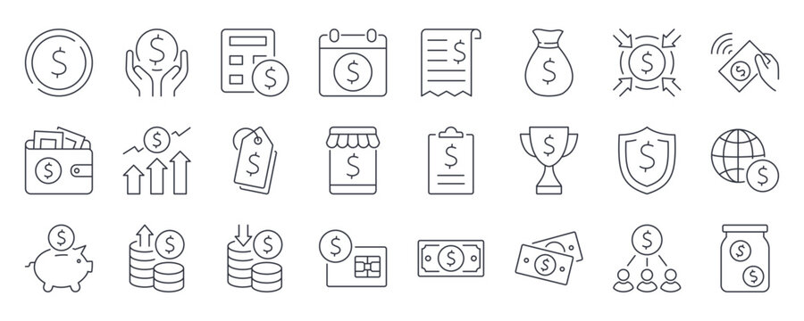 Vector icons money. US currency dollar, bills and coins. Bank account invoice, online credit card payments, deposit and cash advances. Rate decrease and increase, wallet, prize. Editable stroke line.
