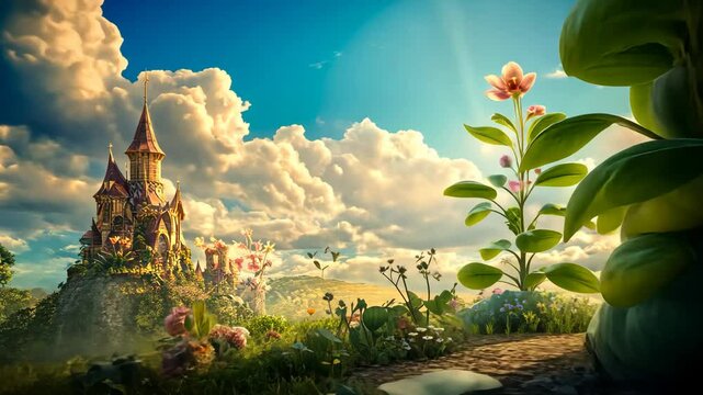 Camera moving upwards along beanstalk revealing fairytale castle