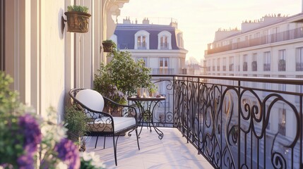 With wrought-iron railings, simple seating, and a small table, overlooking the city streets