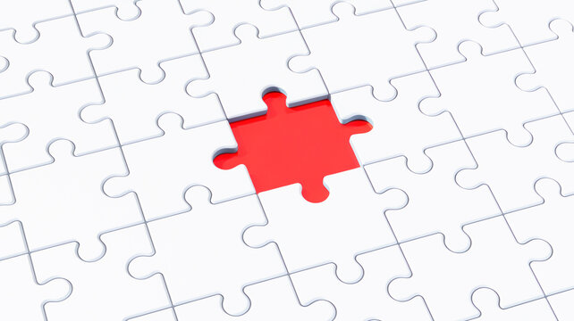 blank white jigsaw puzzle with one final missing piece showing empty red background underneath