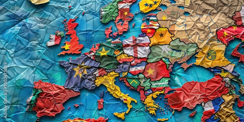 Poster map with flags: a map of europe with country flags overlaying each nation