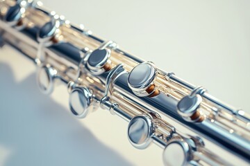 Fototapeta premium Close-up view of shining flute keys on white.