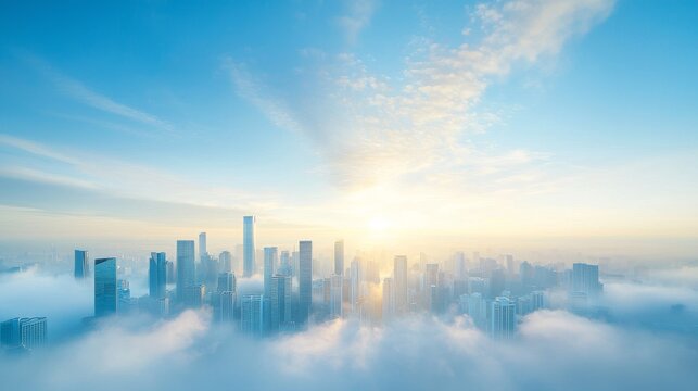 A panoramic view of a city skyline emerging from clouds at sunrise, showcasing tall buildings against a blue sky.