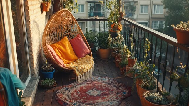 With hanging chairs, colorful textiles, and potted succulents for a relaxing, eclectic vibe