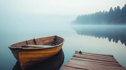 Obraz premium A Wooden Boat on a Misty Lake