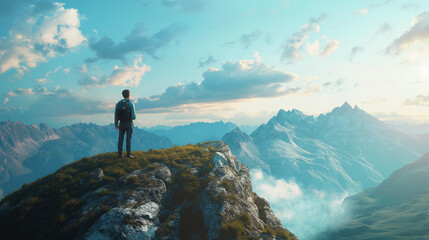 Obraz premium a man on a mountain looks at a beautiful view. The concept of travel and discovery