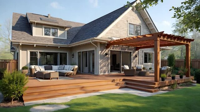 Modern Home with Large Deck and Pergola