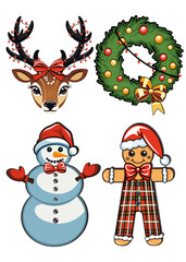 Christmas and New Year set. Gingerbread man, snowman, Christmas wreath, deer. New Year and Christmas card. 2025