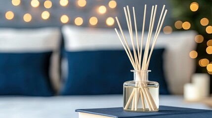 A close-up view of a glass reed diffuser surrounded by a candle and an open book, creating a calming ambiance for home or office settings