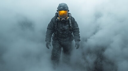 Fototapeta premium A person in protective gear ventures into thick fog, embodying courage in uncertainty