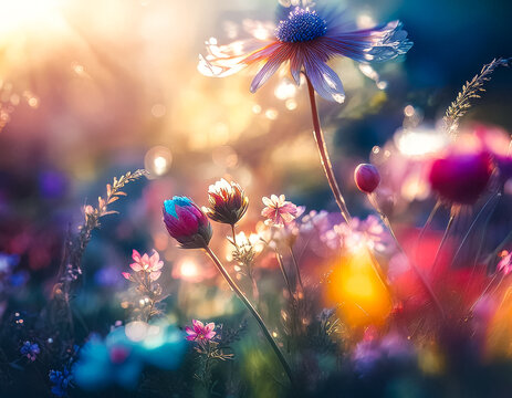 Wildflowers in a meadow in the light of the setting sun.