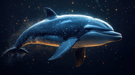 Fototapeta premium The dolphin glides effortlessly, surrounded by sparkling water droplets in the night