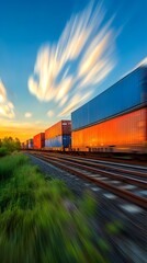 A cargo train is moving along the tracks, carrying various goods such as containers and freight cars against a blue sky with white clouds