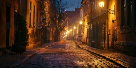 Fototapeta premium Street at Night: A European street illuminated by streetlights at night