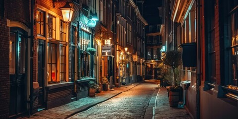 Street at Night: A European street illuminated by streetlights at night