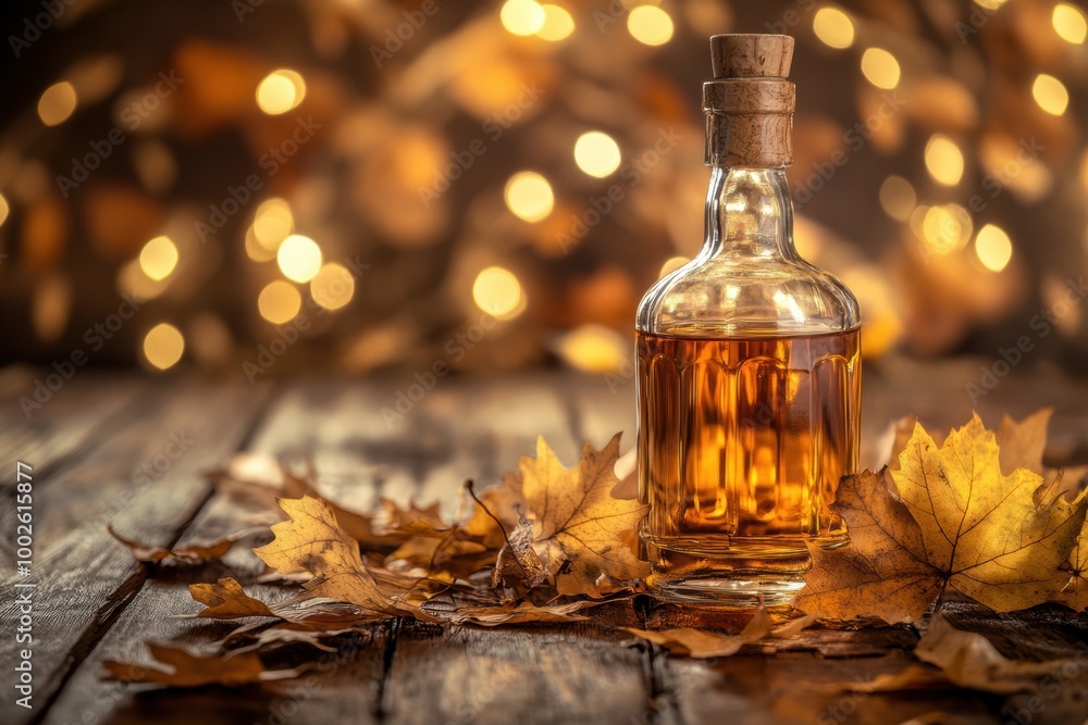 Aufkleber A close-up view of a whiskey bottle resting on autumn leaves with warm bokeh lights in the background, perfect for cozy evenings. Generative AI