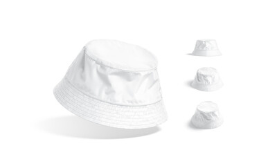 Blank white nylon bucket hat mockup, different views