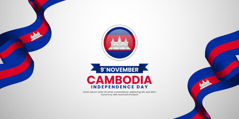 Cambodia Independence day banner background with waving ribbon flag and copy space area