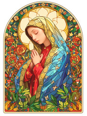 Christian stained-glass window depicting a praying woman on a transparent background