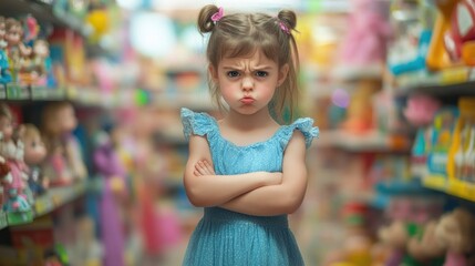 A young girl with crossed arms, looking upset in a toy store aisle, standing with a pout on his face expression