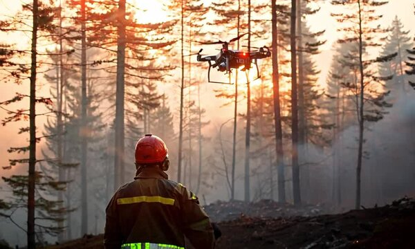 Lone firefighter with emergency response drone video animation. Dusk surveillance UAV animated footage HD clip seamless motion graphics. Firefighting operation. Technology concept