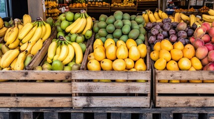 A colorful farmer market stall filled with an array of organic fruits like bananas, mangoes, and kiwis, displayed in eco-friendly wooden crates, with a cheerful atmosphere