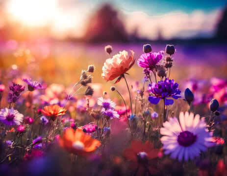 Wildflowers in a meadow in the light of the setting sun.