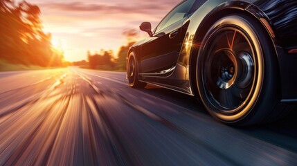 Black car driving on the road with motion blur background