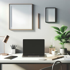 Obraz premium Minimalist Workspace with Laptop, Coffee Cup, and Plants