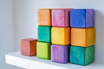 A set of brightly painted wooden blocks stacked in a perfect tower on a white shelf. 