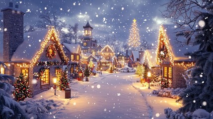 Snowy Christmas village scene with twinkling lights and beautifully decorated houses