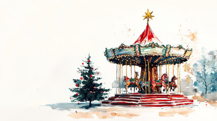 A Christmas scene painted in watercolors, showing a carousel, against a plain white backdrop.