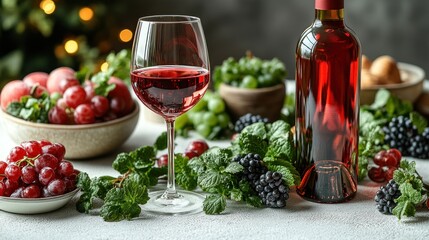 Lush red and green fruits complement a glass of rosé wine, creating a vibrant gathering