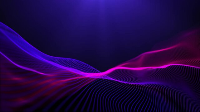 Abstract twisted curves, motion, blurred glowing wave lines. 3D video loop art design background. Magenta pink waves. Light technology, space, artificial intelligence 4k.