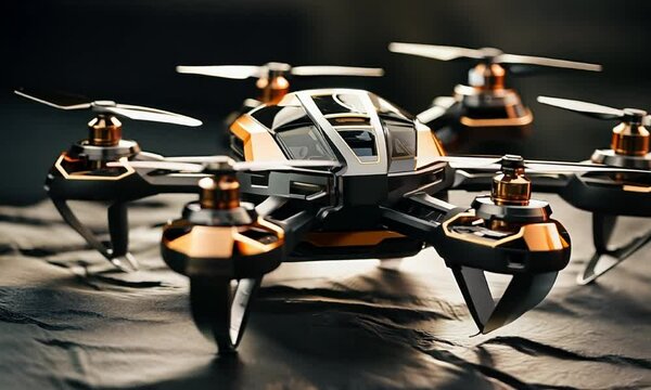 Sophisticated drone with sleek design, copper accents video animation. Quadcopter UAV animated footage HD clip seamless motion graphics. Aerial device. Advanced technology concept