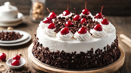 Delicious chocolate cake topped with cherries and whipped cream, perfect for celebrations and dessert lovers.
