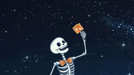 A happy skeleton with a bow tie holds up a piece of food against a starry night sky.
