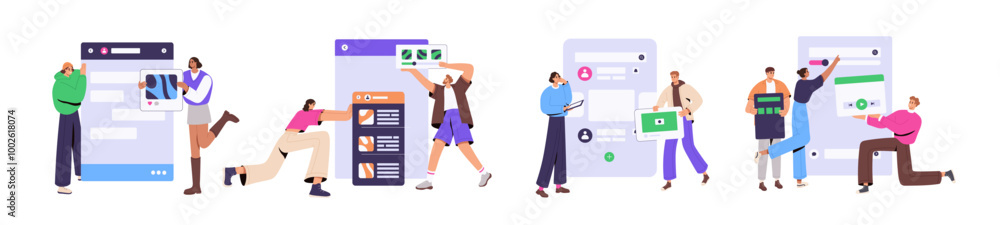 Poster ux ui designers set. concept of user interface development. people create design of mobile apps. tea