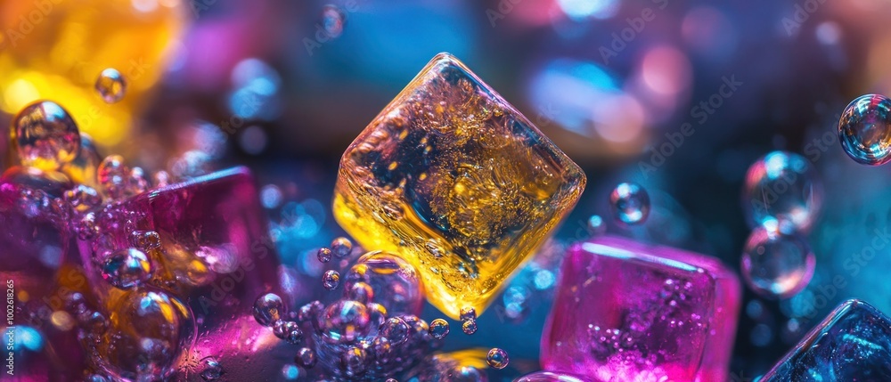 Poster colorful ice cubes submerged in liquid, surrounded by floating bubbles.
