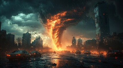 Obraz premium Show an oblique view of a tornado ravaging a downtown area, with skyscrapers and cars being affected