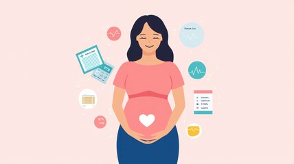 Illustration of a pregnant woman smiling, surrounded by health icons and information, symbolizing prenatal care and wellness.