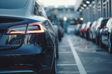 Car parked at outdoor parking lot. Used car for sale and rental service. Car insurance background. Automobile parking area. Car dealership and dealer agent concept. Automotive industry. Electric auto