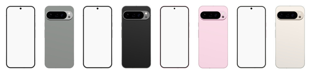 Pixel 9 pro mockup with all color variants, Porcelain, Hazel, Obsidian, and Rose Quartz. Smartphone mockup white screen. Mock-up screen Pixel 9 pro smartphone