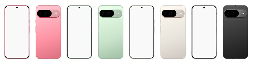 Pixel 9 smartphone mockup with all color variants, peony, Wintergreen, Porcelain, and Obsidian. Smartphone mockup white screen. Mock-up screen Pixel 9 smartphone. 