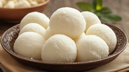 Delicious round dumplings made from rice flour, showcased on a decorative plate. Perfect for culinary and cultural photography.