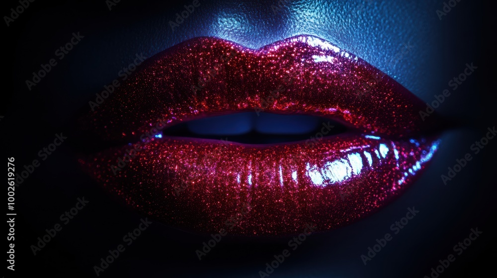 Poster close-up of glossy, vibrant lips showcasing a dazzling shiny finish under soft lighting. generative 