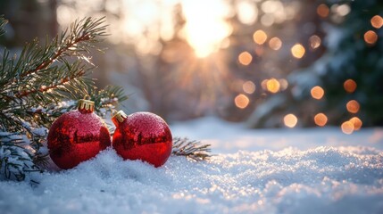 Sparkling red holiday balls on fir branches, nestled in a snowy winter landscape, perfect for celebrations.