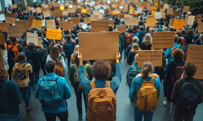Large crowd of protesters holding signs during a peaceful march in the city, demanding social and political change