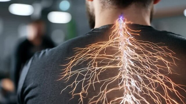 Intense discomfort: depiction of nerve piercing back pain, illustrating sharp, shooting sensation caused by compressed nerves, debilitating effects on movement and overall daily activities.