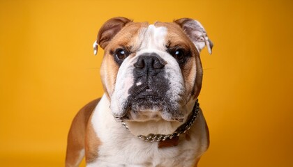 Adorable Bulldog Dog Portrait. Photo Studio. Yellow Background.